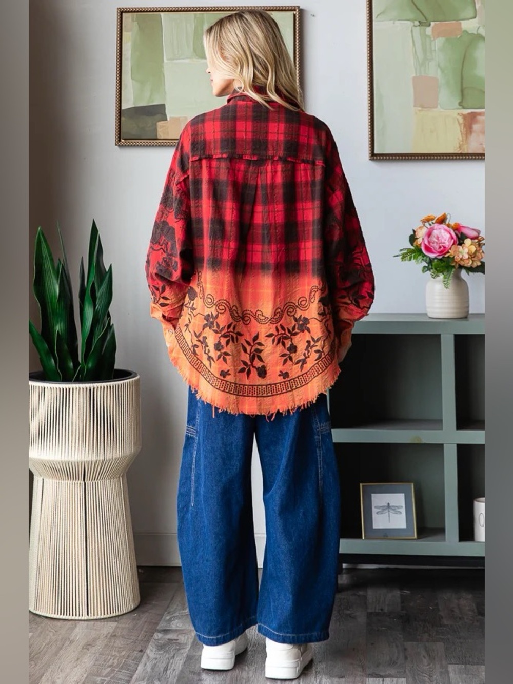 Oli & Hali Mineral Washed Plaid Embroidered Shirt Relaxed Cotton Women Size L - Picture 4 of 16
